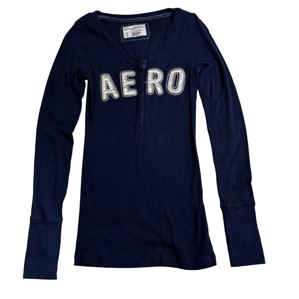 Aeropostale Shirt Tee  Navy Blue Long Sleeve Henley Size Medium Button Front NEW - Picture 11 of 12